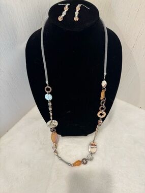 Silver and Peach Stone Dangle Earrings and Long Necklace